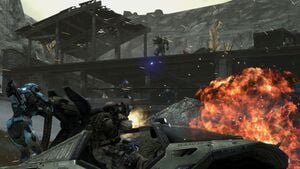 Noble Strike (Catherine-B320 and SPARTAN-B312) and a UNSC Army trooper on an M12 Chaingun Warthog fighting Covenant troops at SWORD Base's Farragut Station, as seen in Halo: Reach campaign level ONI: Sword Base.