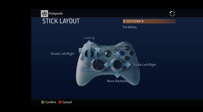 A screenshot of "STICK LAYOUT" set to "SOUTHPAW" in the Halo 3 (Xbox 360) settings menu.Behind the game pause menu is pitch black.Note: The screenshot was taken from the emulator Xenia.