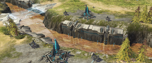 The menu image for Halo Wars Skirmish map Blood River.