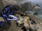 A Sangheili player holding an Energy Sword overlooking a battle on the beach area.