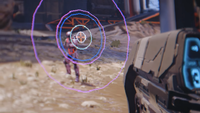 The same debug view, but with the camera moved so that auto-aim is fully engaged, indicating the shot will be directed right towards the enemy. Note the red reticle.