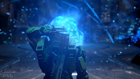 Master Chief removing an AI chip from his helmet.