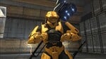 A Spartan with a gravity hammer holstered on his back in Grifball.