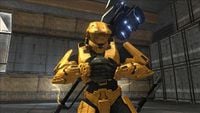 A Spartan with a gravity hammer holstered on his back in Grifball.