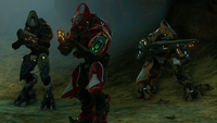 Sangheili Warriors and a Sangheili Storm with Forerunner weapons.