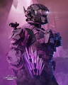 Promotional image featuring a Scorn-clad Spartan with a Posu'gelka-pattern needler.