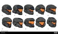 Concept sketches for various Halo Infinite helmets, including Enigma (#9).