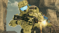 A Spartan-IV wearing GEN2 Mark V and firing a BR85HB battle rifle in Halo 4.