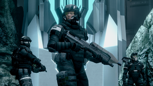 ONI Security personnel with MA5D assault rifles and an M395 DMR during the Raid on Ivanoff Station. From Halo 4 campaign level Composer.