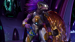 A Kig-Yar Sacristan Procurator wielding an Eos'Mak-pattern plasma pistol aboard the Triumph of Tolerance during Operation: METEORITE. Screenshot taken from Halo: Campaign Evolved campaign level Boarding Action.
