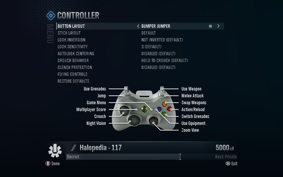 A screenshot of "Button Layout" set to "Bumper Jumper" in the Halo: Reach settings menu.Behind the game pause menu is pitch black.Note: The screenshot was taken from the emulator Xenia.