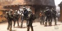 Civilians, UNSC Army infantrymen and Spartan-IIIs of Noble Team in a concept art piece for Halo: Reach.