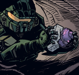 John-117 molding an MX-8 explosive around a Anskum-pattern plasma grenade in Halo: Collateral Damage Issue 3.