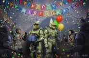 Fernando and UNSC Marines celebrating John-117's birthday in a promotional image.
