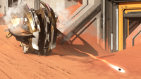 A Catulus Chopper firing its spike cannon in Halo Infinite.