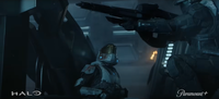 Kai-125 using a carbine in Halo: The Television Series Season Two.