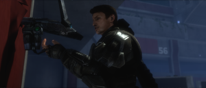 Alpha-Nine member Edward Buck inspects Veronica Dare's WILLOWKEY TSCS at Tayari Plaza in New Mombasa Sector 6. From Halo 3: ODST campaign level Tayari Plaza.