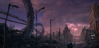 Concept art of the remains as seen from a town.
