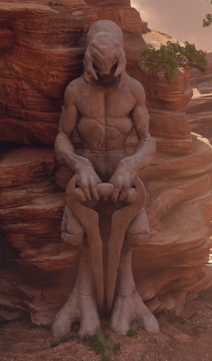 A screenshot of a statue of Mak 'Vadam, from the Halo 5: Guardians mission Enemy Lines.