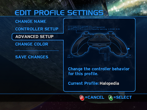A screenshot of the "Edit Profile Settings" menu from the Halo: Combat Evolved (Revision 2) version.Note: The screenshot was taken from the emulator Xemu.