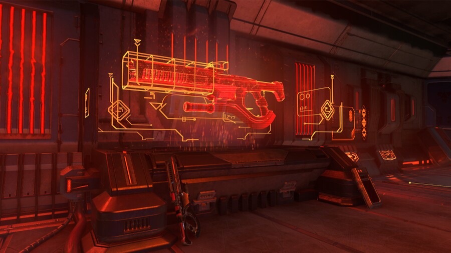 Halo Infinite screenshot of a Banished hologram of the Shock Rifle