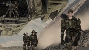 Marcus Stacker and Marines disembarking a D77H-TCI Pelican in Halo 3 campaign level The Ark.