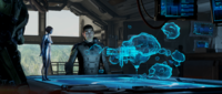 Thomas Lasky and Cortana looking at a hologram of Ivanoff Station.