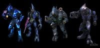 Different incarnations of the Elites from Halo: Combat Evolved through Halo: Reach.