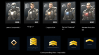 The various members of Alpha-Nine and their corresponding Halo 3 multiplayer rank icons.