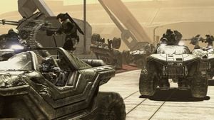 Orbital Drop Shock Trooper Taylor Miles driving a M12 Warthog and leading other Warthogs across the bridge in Uplift Nature Reserve, New Mombasa during Battle of New Mombasa, as seen in the Halo 3: ODST campaign level Uplift Reserve.
