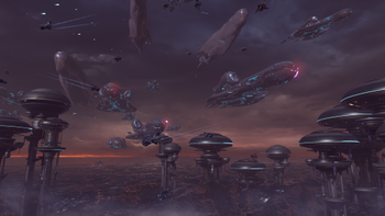 Covenant ships in the sky over Sunaion.
