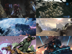 A multimedia collage of the Fall of Reach. Images used starting from top left going clockwise: :File:Reach "The Battle Begins"-Elite.png, :File:HR-TipOfTheSpear-Viery.png, :File:Fall of Reach Ground Battle.jpg, :File:HLC Reach.png, :File:Invasion - Johnson.jpg (edited with help from User:Ostral), :File:HM-PoA-escape.jpg