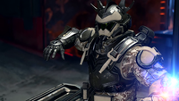 A Hakushika-clad Spartan with new armor, activating the Quantum Translocator on Scarr.