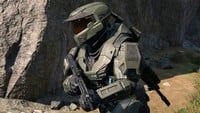 Profile view of a Spartan-IV wearing Mark V in Halo Infinite.