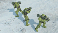 Three Spartans carrying the M6/R in Halo Wars.
