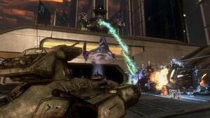 Alpha-Nine members Edward Buck and Jonathan Doherty on an M808C Scorpion watch a Deutoros-pattern Scarab firing its focus cannon at an Olifant on the New Mombasa Waterfront Highway. From Halo 3: ODST campaign level Coastal Highway.