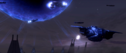 The Fleet of Retribution's battle group and the UNSC Battle Group Victory depart from Earth through the Portal at Voi as the Fleet Admiral Terrence Hood remains on the planet from an expected full-scale Flood invasion.