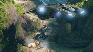 Fireteam Crimson's M808C Scorpions, supported by a G79H-TC Pelican, leads an assault on "Apex" during the Requiem Campaign, as seen in Halo 4 Spartan Ops Episode 9 Key Chapter 3 Science Mountain.
