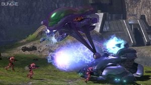 Promotional image for Halo 3 featuring a battle on the multiplayer map Valhalla.