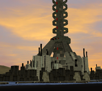 Screenshot of the 3D space tether model seen in the end cutscene for the Halo 2 campaign level "Metropolis", with alternate sky and water textures edited in.