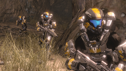 Spartan-IVs (including Terry Hedge) from Fireteam Lancer in Warrens during Requiem Campaign, as seen in Halo 4 Spartan Ops Episode 7 Expendable Chapter 3 Lancer.