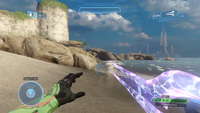First-person view of the Pelosus-pattern energy sword in Halo 2: Anniversary multiplayer.