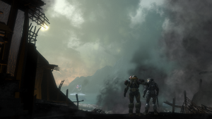 Members of NOBLE Team, Jorge-052 and SPARTAN-B312, at SWORD Base as seen in Halo: Reach campaign level ONI: Sword Base.
