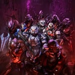 Cover artwork for Halo: Battle for the Blood-Moon, depicting Fireteam Jorogumo and a team of Swords of Sanghelios troops inside the Mines of Shua'ree on Suban.