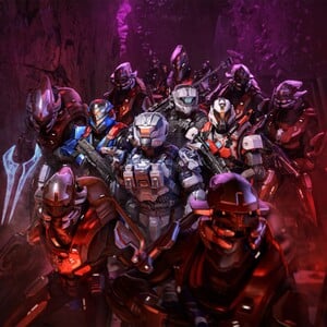 Cover artwork for Halo: Battle for the Blood-Moon, depicting Fireteam Jorogumo and a team of Swords of Sanghelios troops inside the Mines of Shua'ree on Suban.