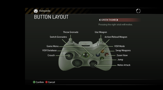A screenshot of "BUTTON LAYOUT" set to "GREEN THUMB" in the Halo 3: ODST (Xbox 360) settings menu.Behind the game pause menu is pitch black.Note: The screenshot was taken from the emulator Xenia.
