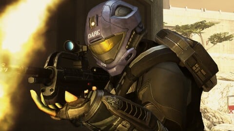 A player using the Veronica Dare player skin and wielding a BR55HB battle rifle in Halo 3: ODST Firefight on the map Lost Platoon, on Halo: The Master Chief Collection.