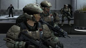 UNSC Army Evacuation Team 7 inside Traxus Tower, during the Siege of New Alexandria, as seen on Halo: Reach campaign level Exodus.