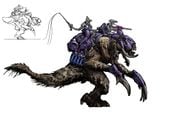 Concept art featuring two Kig-Yar riding a gúta.