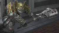 A Jiralhanae Captain running with a Paegaas Workshop gravity hammer.
